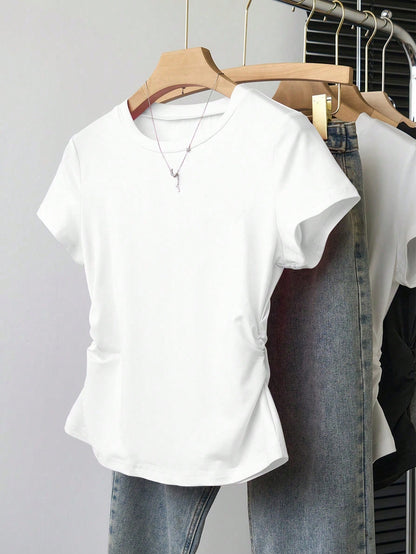 INAWLY 5pcs/Set Plus Size Women Versatile Minimalist, Suitable For Summer, Basic Short Sleeve T-Shirt Top