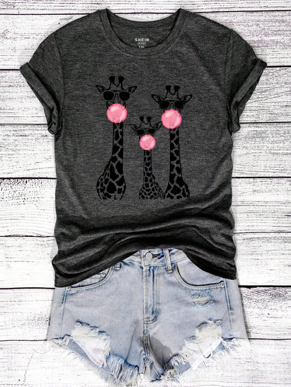 INAWLY Plus Size Women's Summer Giraffe Print Round Neck Short Sleeve Casual Graphic T-Shirt Graphic Tees Women Tops
