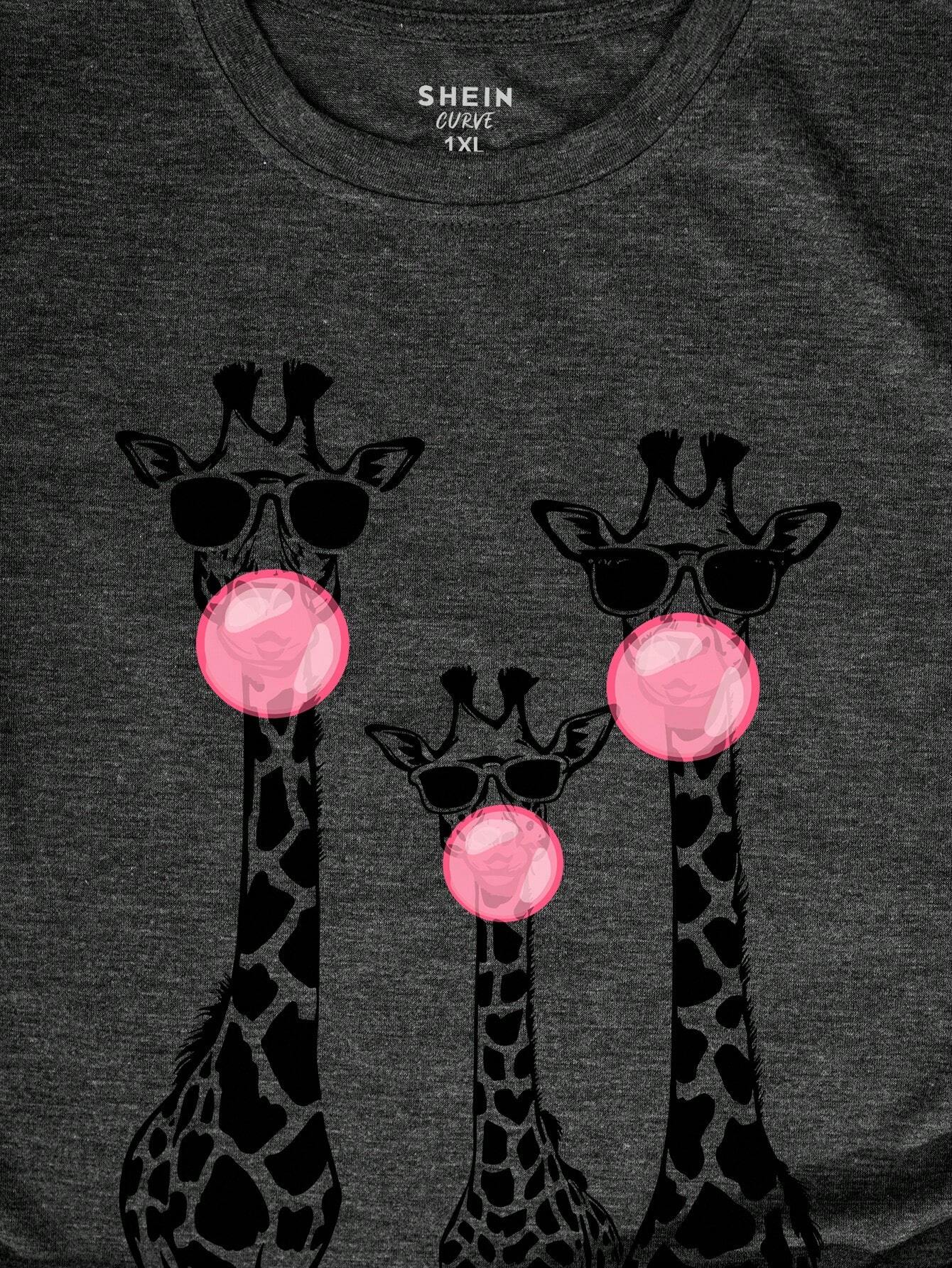 INAWLY Plus Size Women's Summer Giraffe Print Round Neck Short Sleeve Casual Graphic T-Shirt Graphic Tees Women Tops