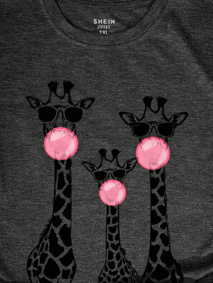 INAWLY Plus Size Women's Summer Giraffe Print Round Neck Short Sleeve Casual Graphic T-Shirt Graphic Tees Women Tops