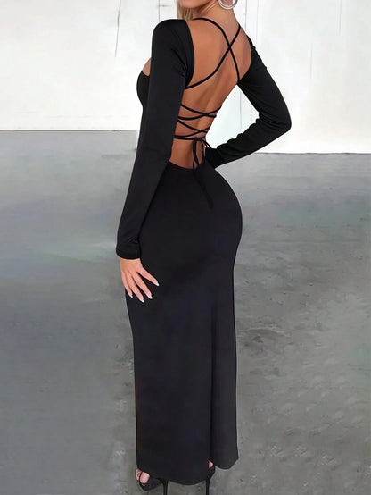 INAWLY Solva Fitted Sexy Square Neck Backless Lace-Up Hem High Slit Long Sleeve Dress For Women