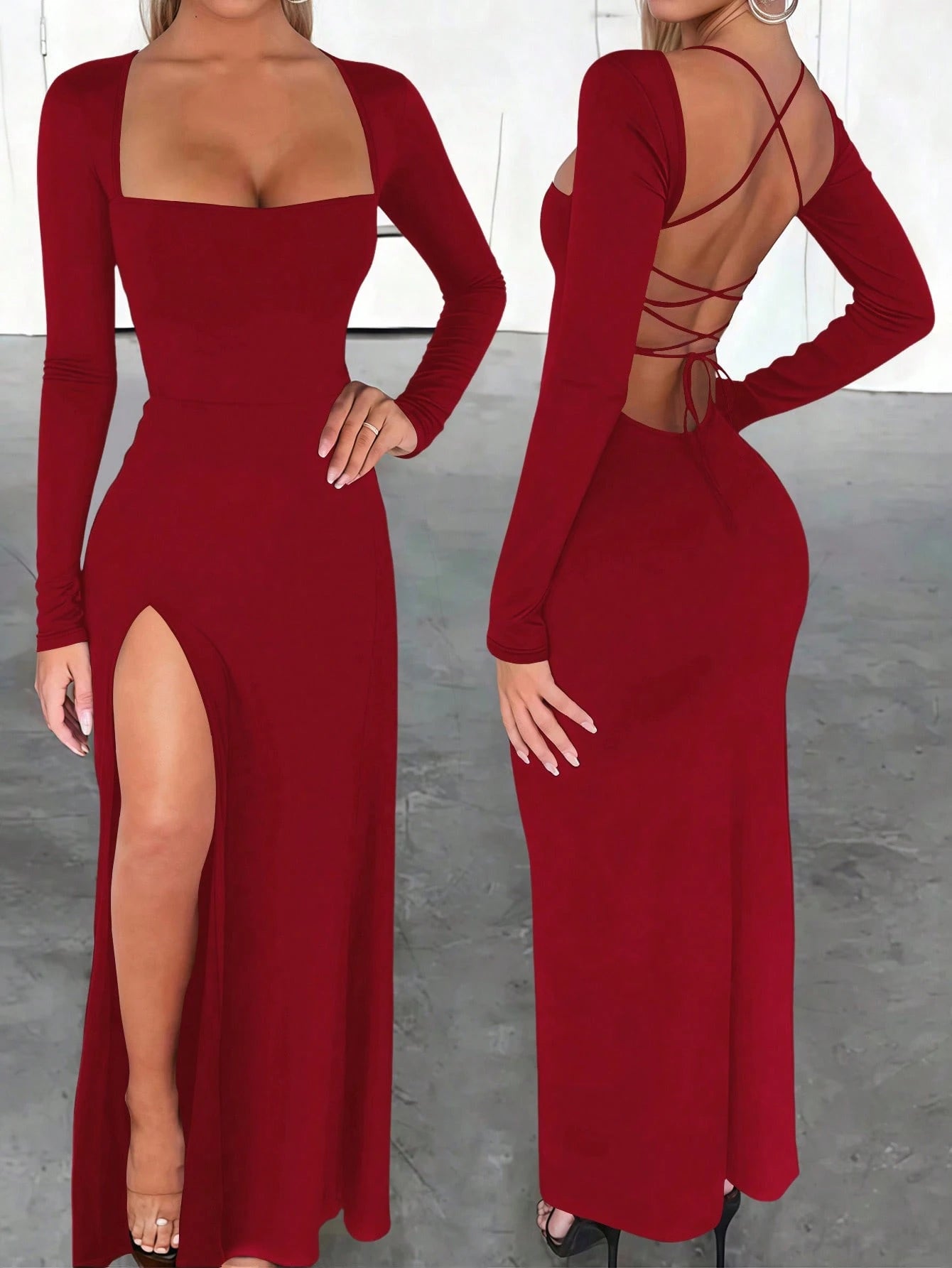 INAWLY Solva Fitted Sexy Square Neck Backless Lace-Up Hem High Slit Long Sleeve Dress For Women