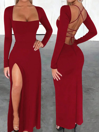 INAWLY Solva Fitted Sexy Square Neck Backless Lace-Up Hem High Slit Long Sleeve Dress For Women