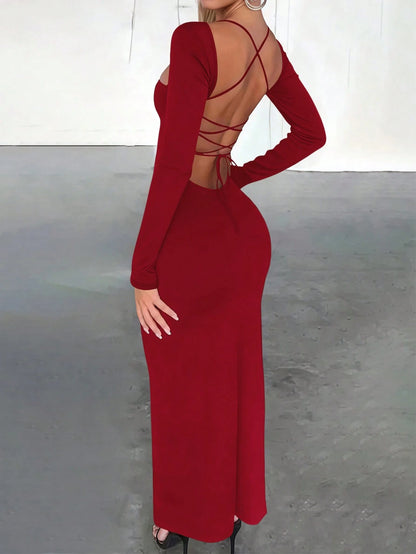 INAWLY Solva Fitted Sexy Square Neck Backless Lace-Up Hem High Slit Long Sleeve Dress For Women