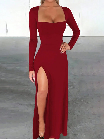 INAWLY Solva Fitted Sexy Square Neck Backless Lace-Up Hem High Slit Long Sleeve Dress For Women