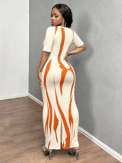 INAWLY Solva Women's Summer Sexy Slim Fit Printed Short Sleeve Dress Going Out Night Black And Orange