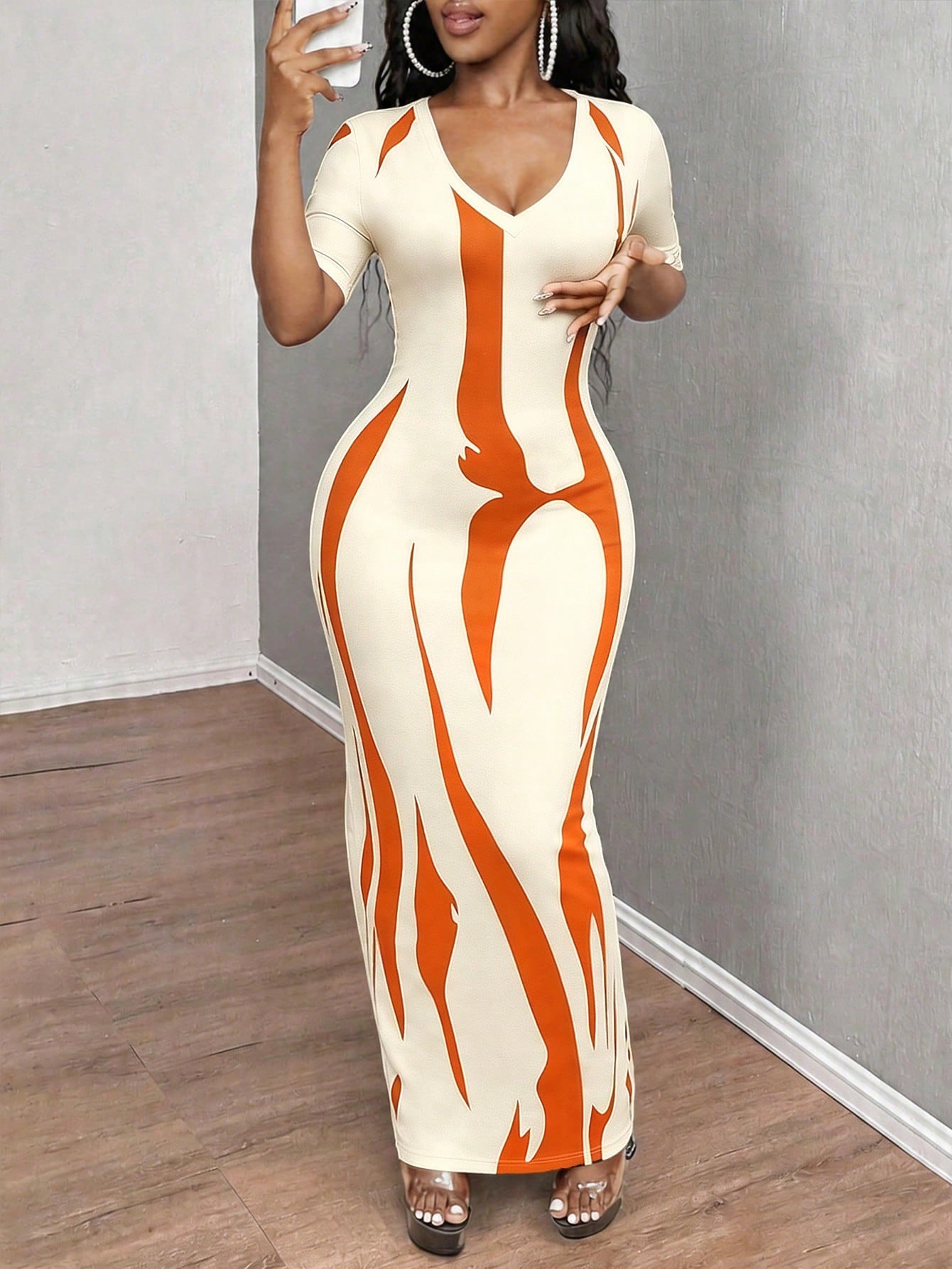 INAWLY Solva Women's Summer Sexy Slim Fit Printed Short Sleeve Dress Going Out Night Black And Orange