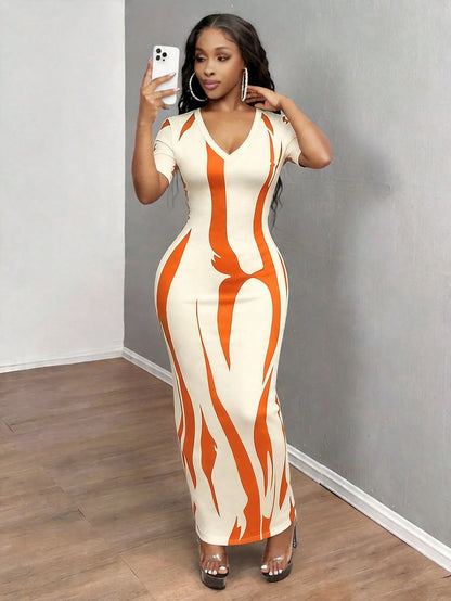 INAWLY Solva Women's Summer Sexy Slim Fit Printed Short Sleeve Dress Going Out Night Black And Orange