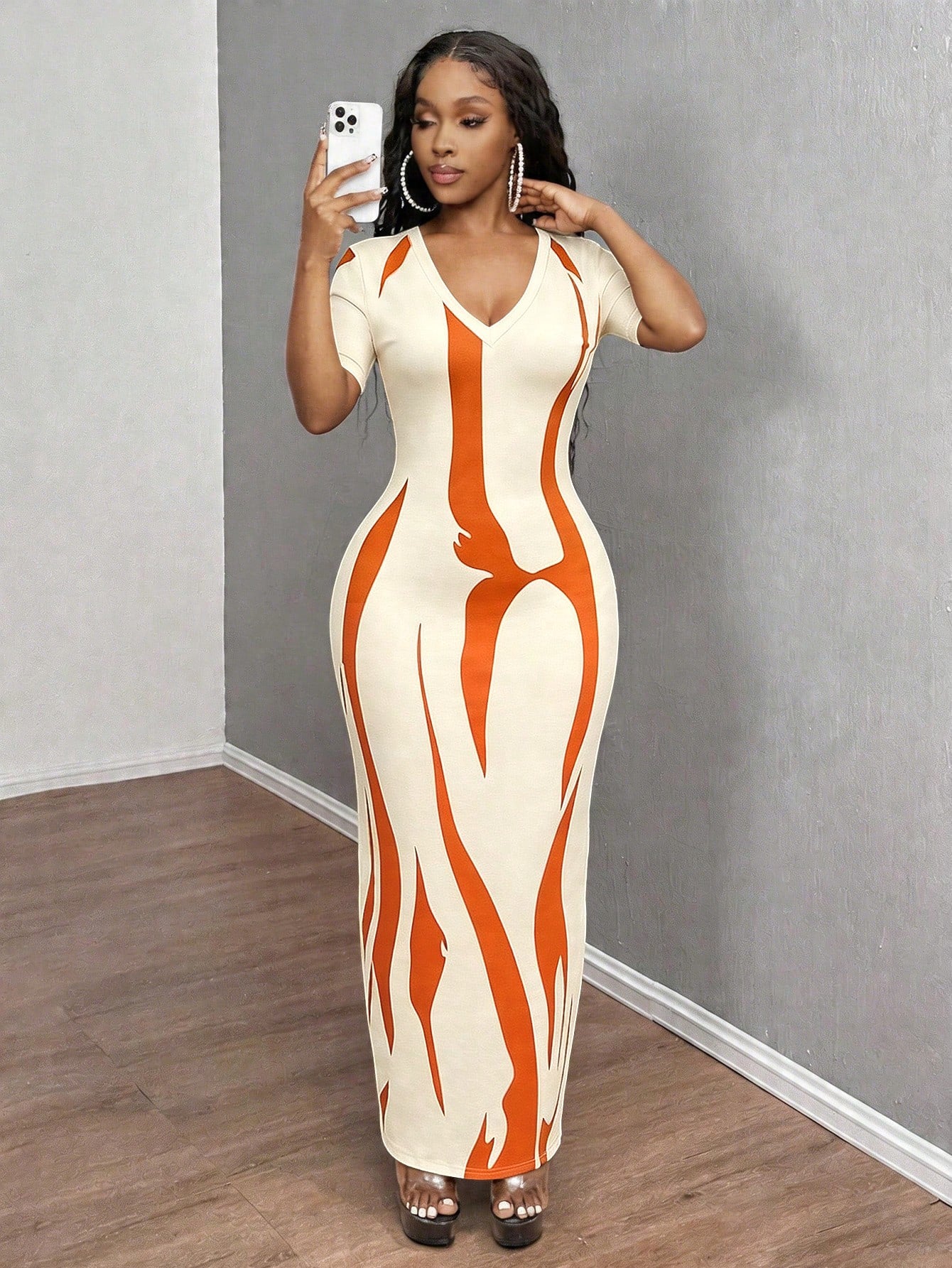 INAWLY Solva Women's Summer Sexy Slim Fit Printed Short Sleeve Dress Going Out Night Black And Orange