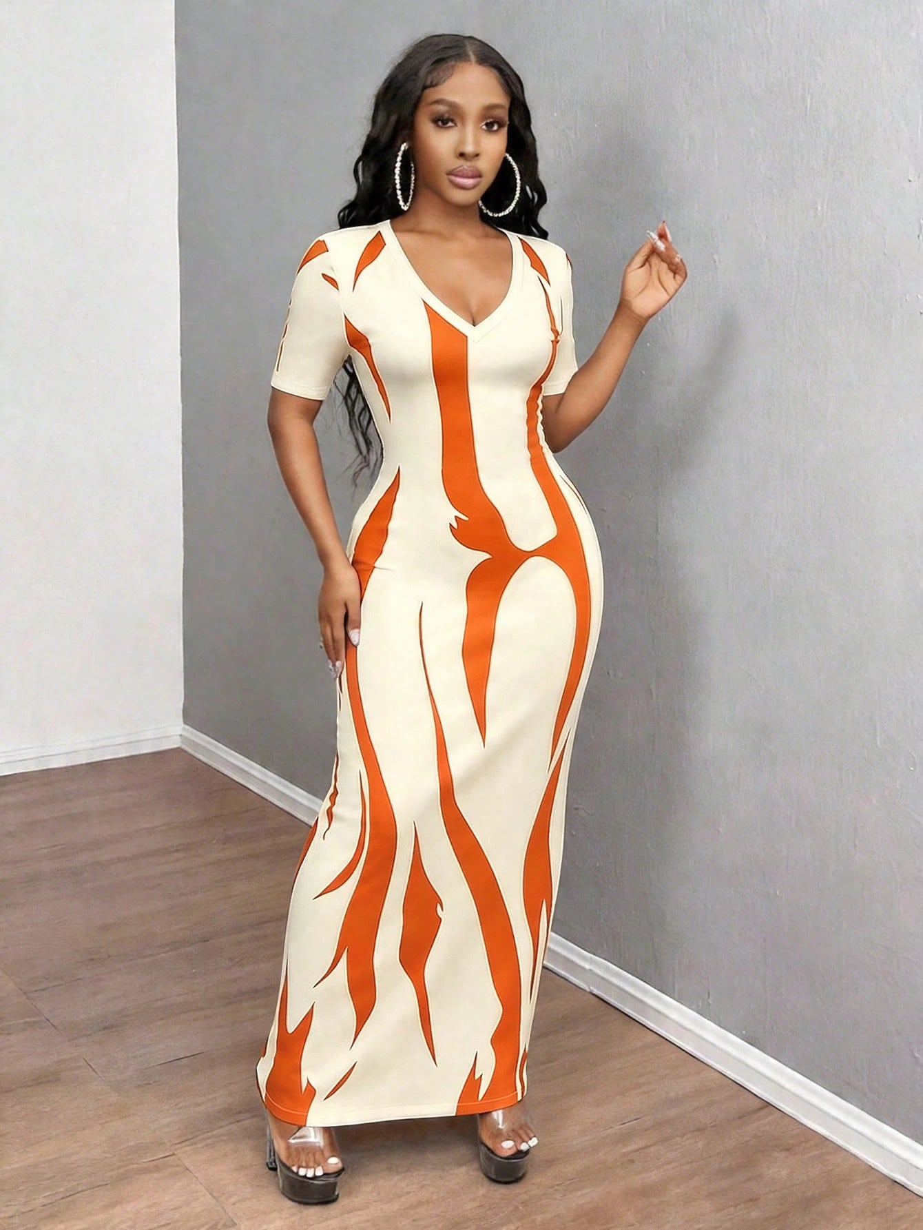 INAWLY Solva Women's Summer Sexy Slim Fit Printed Short Sleeve Dress Going Out Night Black And Orange