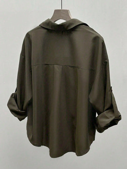 INAWLY Women's Casual Layered Design Cuffed Sleeve Collared Shirt
