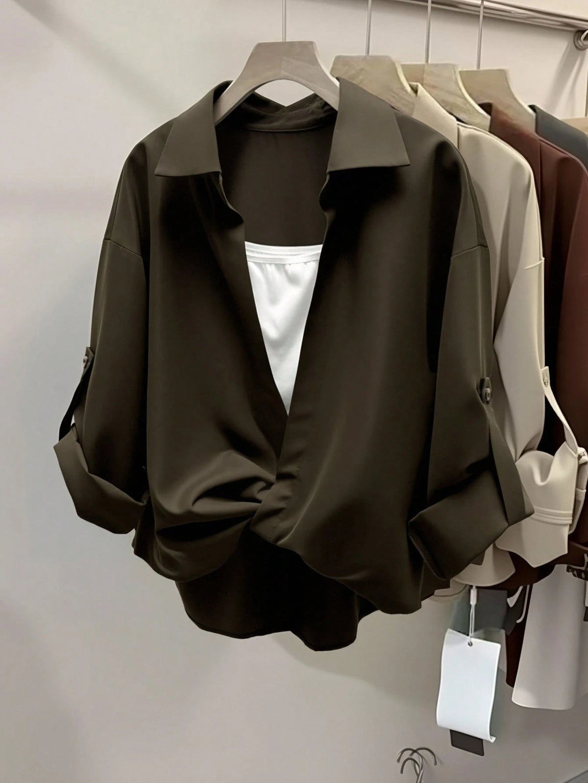 INAWLY Women's Casual Layered Design Cuffed Sleeve Collared Shirt
