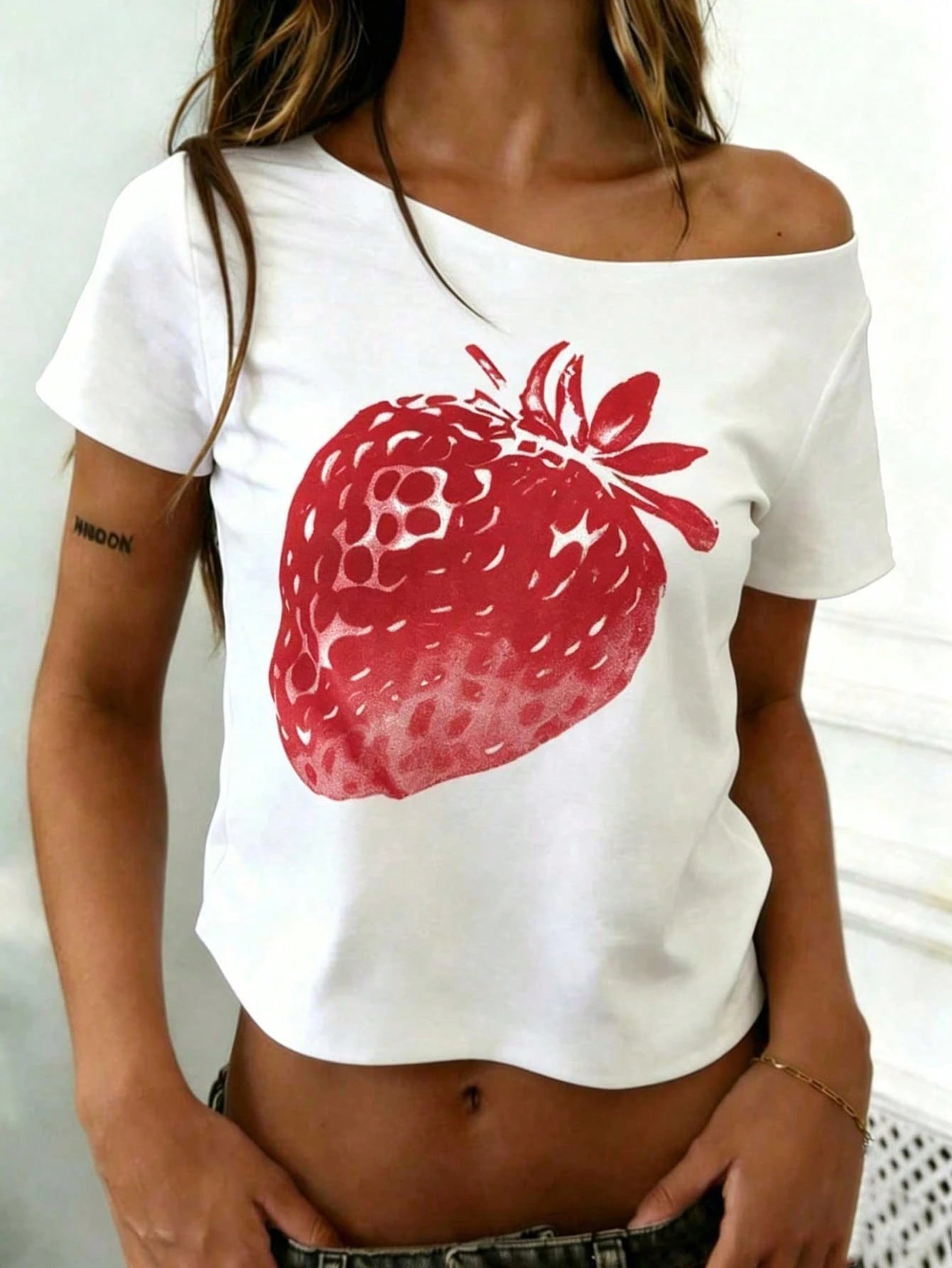 INAWLY Women's Solid Color Casual Fitted Cropped Asymmetric Short Sleeve T-Shirt