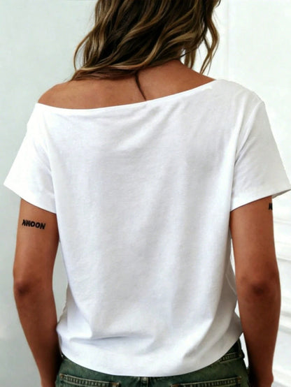 INAWLY Women's Solid Color Casual Fitted Cropped Asymmetric Short Sleeve T-Shirt