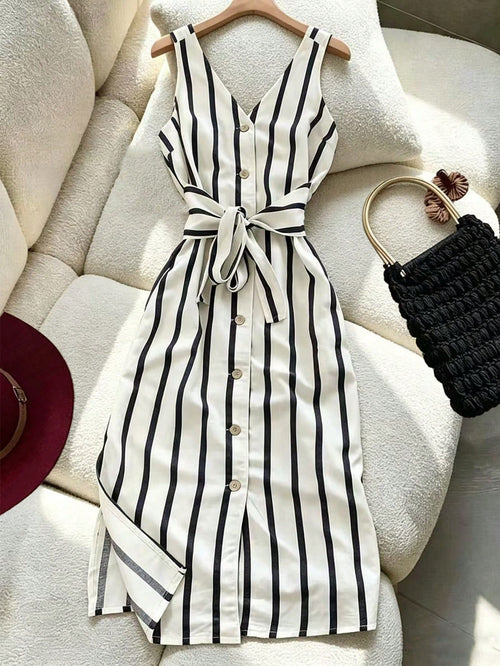 INAWLY Women's Striped Single-Breasted Tie-Waist Midi Dress, Fashionable And Chic