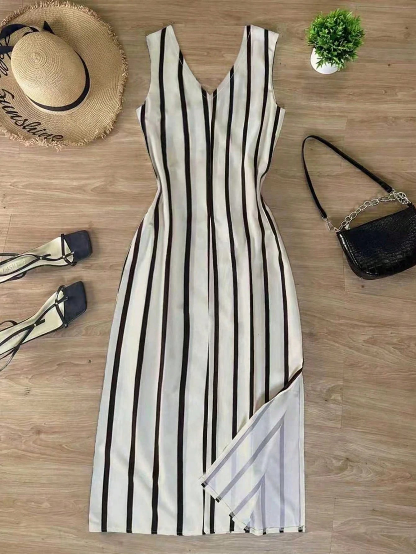INAWLY Women's Striped Single-Breasted Tie-Waist Midi Dress, Fashionable And Chic