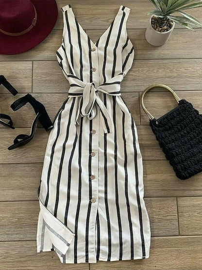 INAWLY Women's Striped Single-Breasted Tie-Waist Midi Dress, Fashionable And Chic