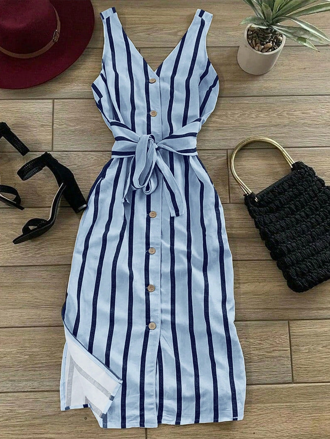 INAWLY Women's Striped Single-Breasted Tie-Waist Midi Dress, Fashionable And Chic
