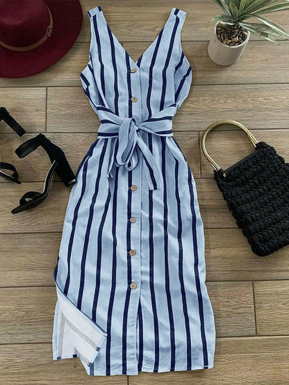 INAWLY Women's Striped Single-Breasted Tie-Waist Midi Dress, Fashionable And Chic