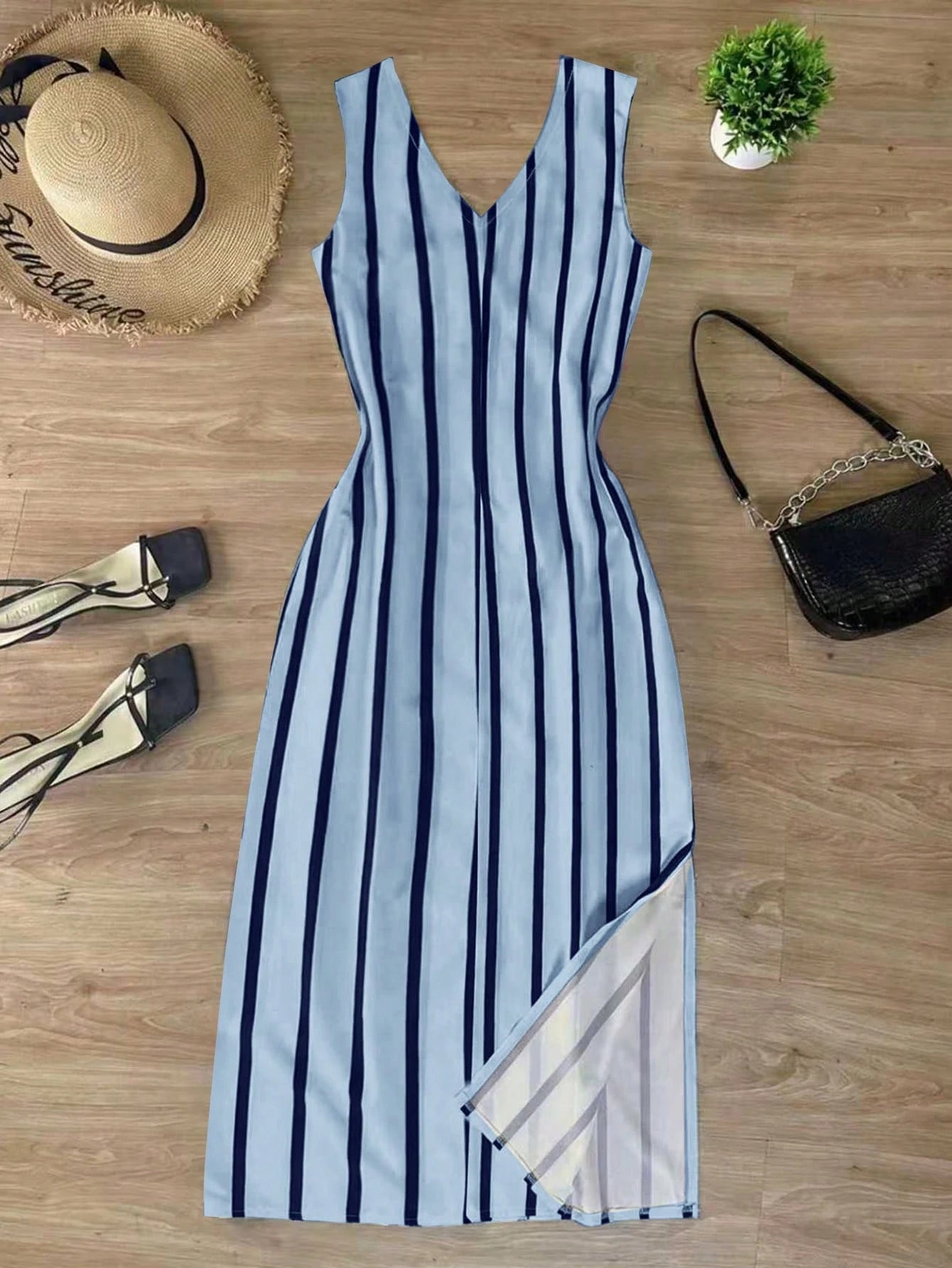 INAWLY Women's Striped Single-Breasted Tie-Waist Midi Dress, Fashionable And Chic