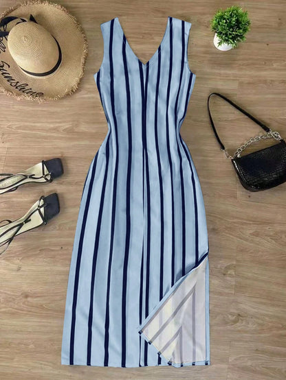 INAWLY Women's Striped Single-Breasted Tie-Waist Midi Dress, Fashionable And Chic