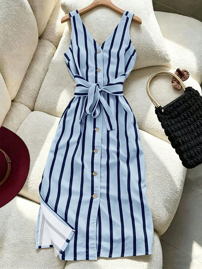 INAWLY Women's Striped Single-Breasted Tie-Waist Midi Dress, Fashionable And Chic