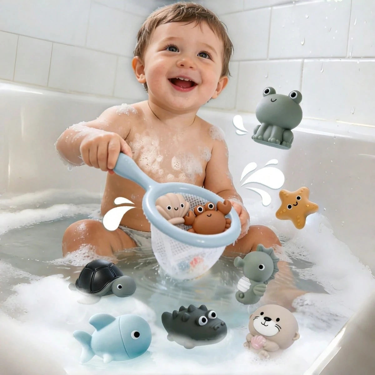 Infant Bath Toys For Kids Ages 1-3- No Hole Animal Bathtub Toys With, Water Toys For 6-12 Months Infants With Fishing Net,Baby Bath Tub Toys For Pool, Bathtub, Beach, Shower, Tub,Ideal Gifts For Kids