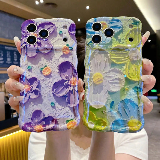ISEMENA Laser Colorful Retro Oil Painting Flower Pattern 17 Pro/17 16 15 14 13 Pro Cute Curly Wave Frame Exquisite Phone Girls Women, Shockproof TPU Protective Phone Cover SummerVibes