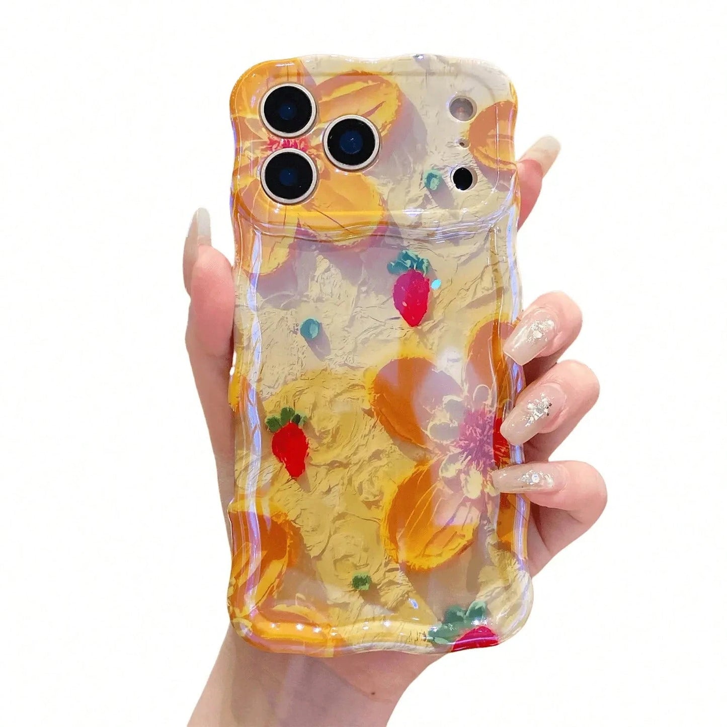 ISEMENA Laser Colorful Retro Oil Painting Flower Pattern 17 Pro/17 16 15 14 13 Pro Cute Curly Wave Frame Exquisite Phone Girls Women, Shockproof TPU Protective Phone Cover SummerVibes