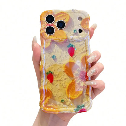 ISEMENA Laser Colorful Retro Oil Painting Flower Pattern 17 Pro/17 16 15 14 13 Pro Cute Curly Wave Frame Exquisite Phone Girls Women, Shockproof TPU Protective Phone Cover SummerVibes
