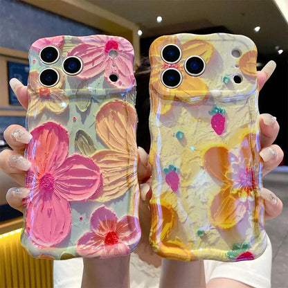 ISEMENA Laser Colorful Retro Oil Painting Flower Pattern 17 Pro/17 16 15 14 13 Pro Cute Curly Wave Frame Exquisite Phone Girls Women, Shockproof TPU Protective Phone Cover SummerVibes