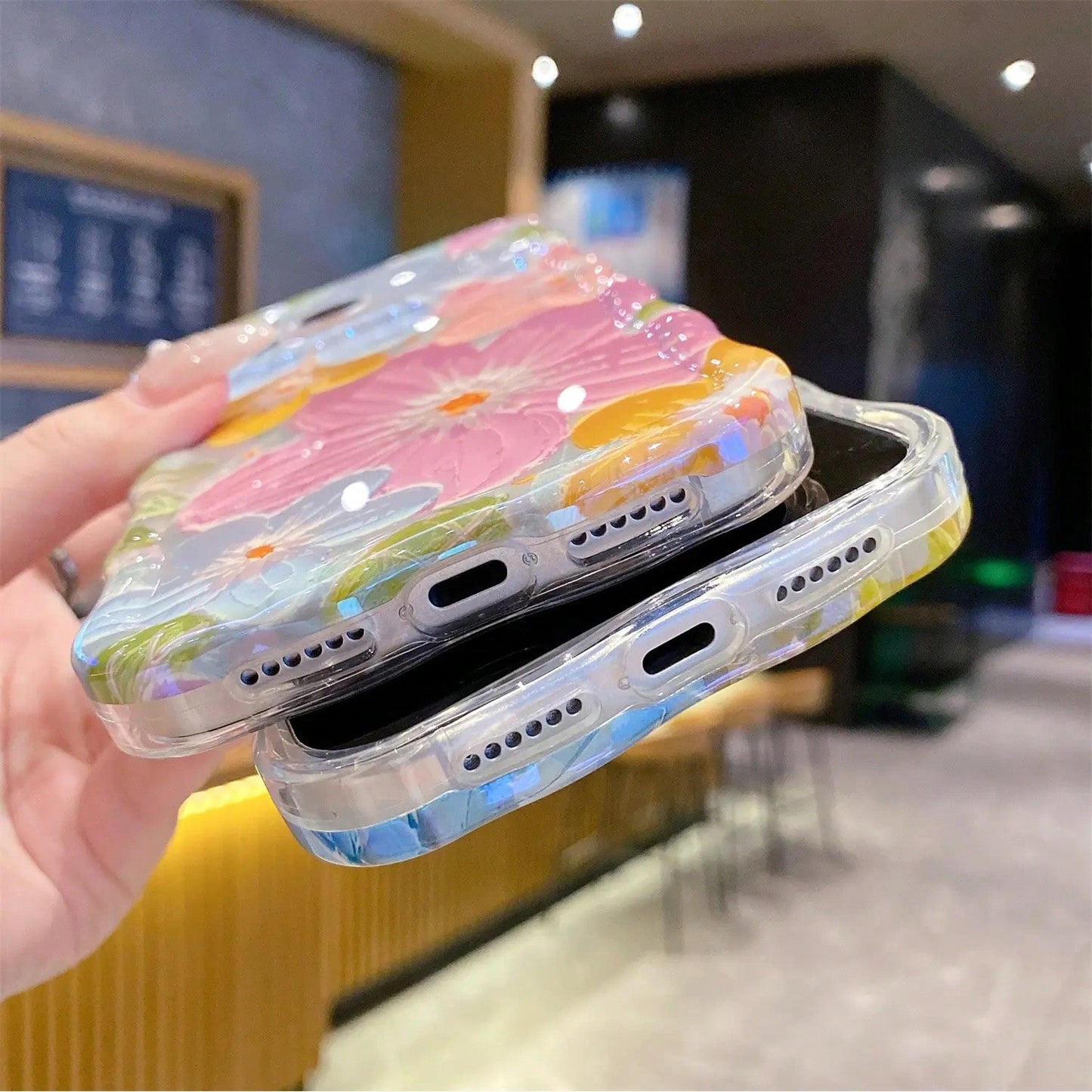 ISEMENA Laser Colorful Retro Oil Painting Flower Pattern 17 Pro/17 16 15 14 13 Pro Cute Curly Wave Frame Exquisite Phone Girls Women, Shockproof TPU Protective Phone Cover SummerVibes