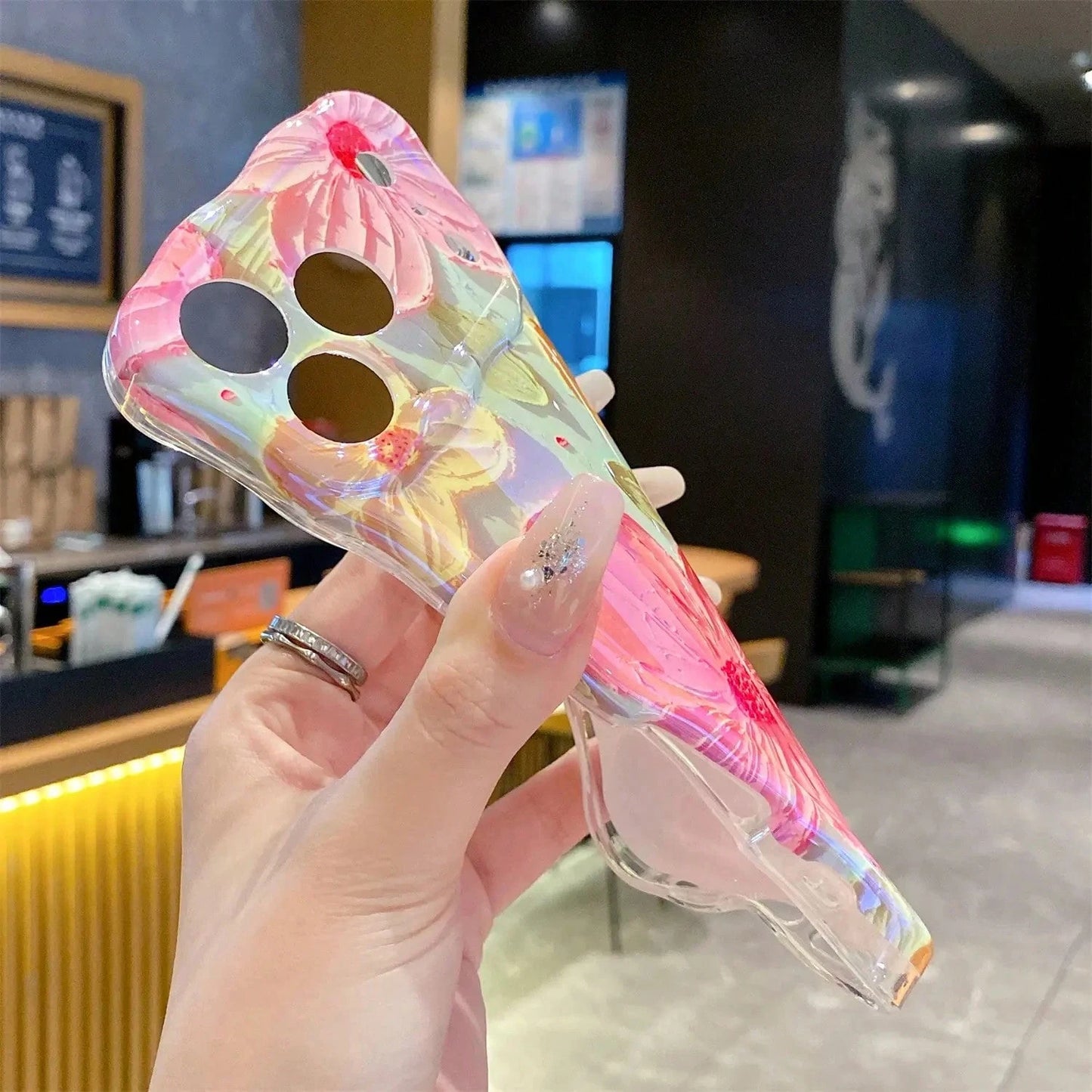 ISEMENA Laser Colorful Retro Oil Painting Flower Pattern 17 Pro/17 16 15 14 13 Pro Cute Curly Wave Frame Exquisite Phone Girls Women, Shockproof TPU Protective Phone Cover SummerVibes