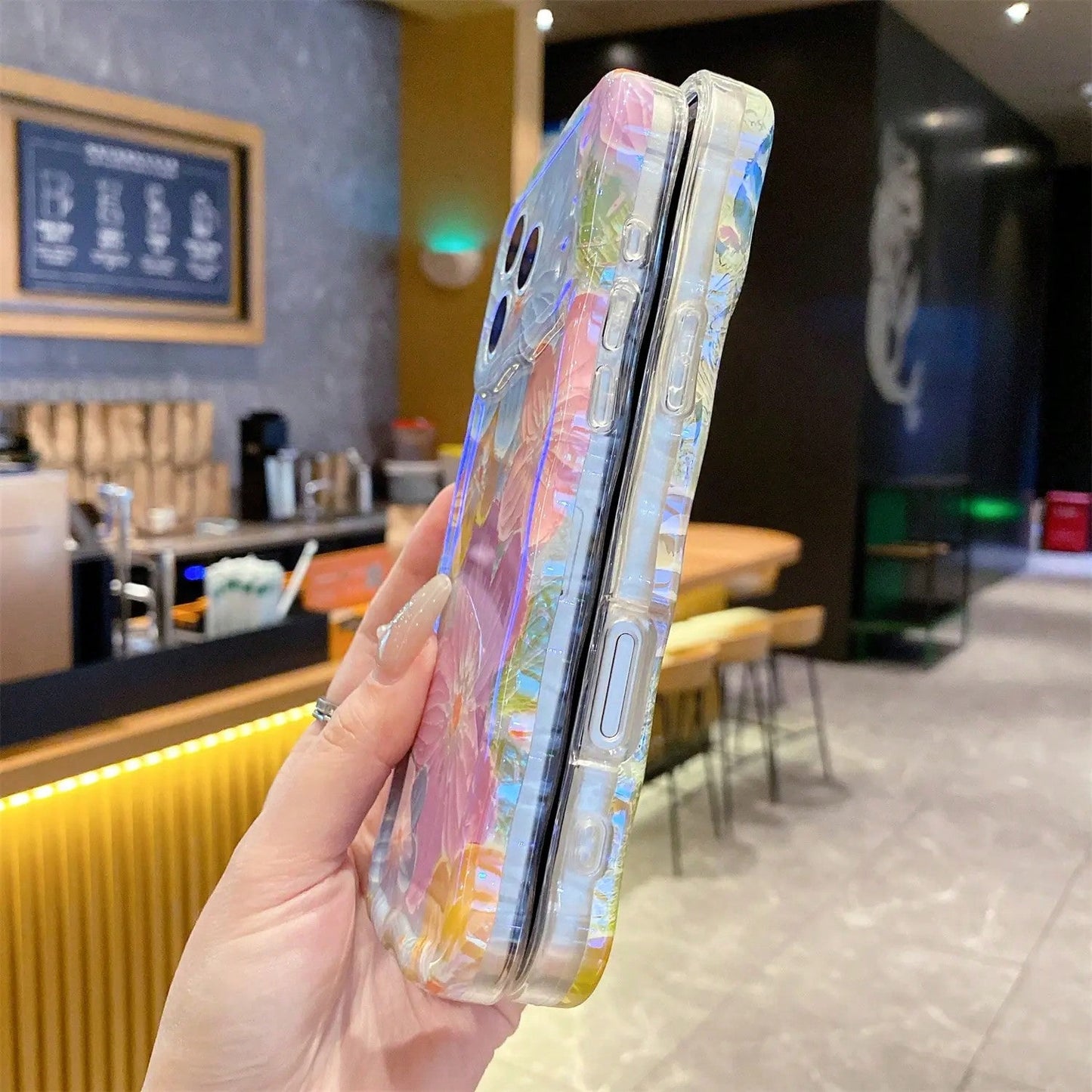 ISEMENA Laser Colorful Retro Oil Painting Flower Pattern 17 Pro/17 16 15 14 13 Pro Cute Curly Wave Frame Exquisite Phone Girls Women, Shockproof TPU Protective Phone Cover SummerVibes
