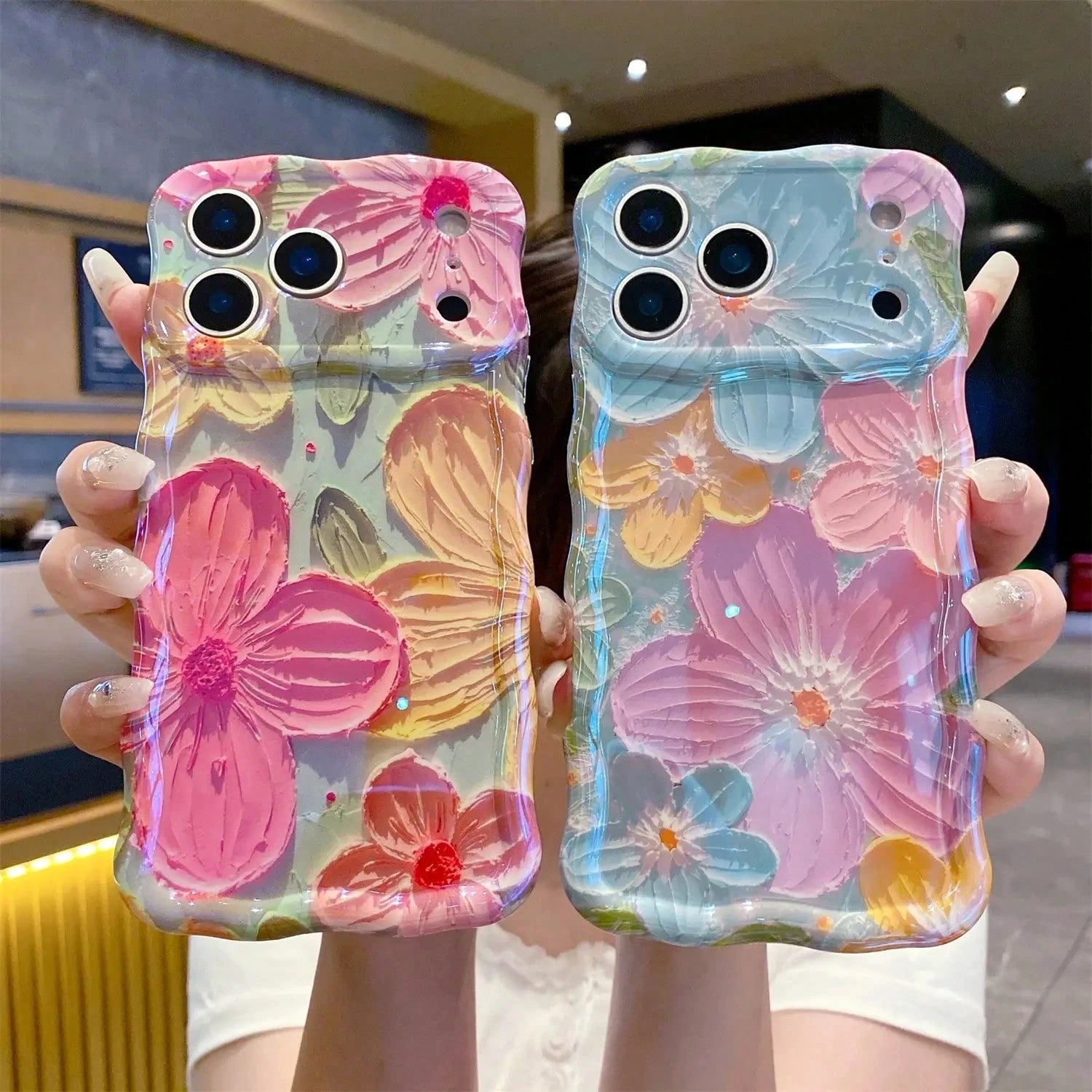ISEMENA Laser Colorful Retro Oil Painting Flower Pattern 17 Pro/17 16 15 14 13 Pro Cute Curly Wave Frame Exquisite Phone Girls Women, Shockproof TPU Protective Phone Cover SummerVibes
