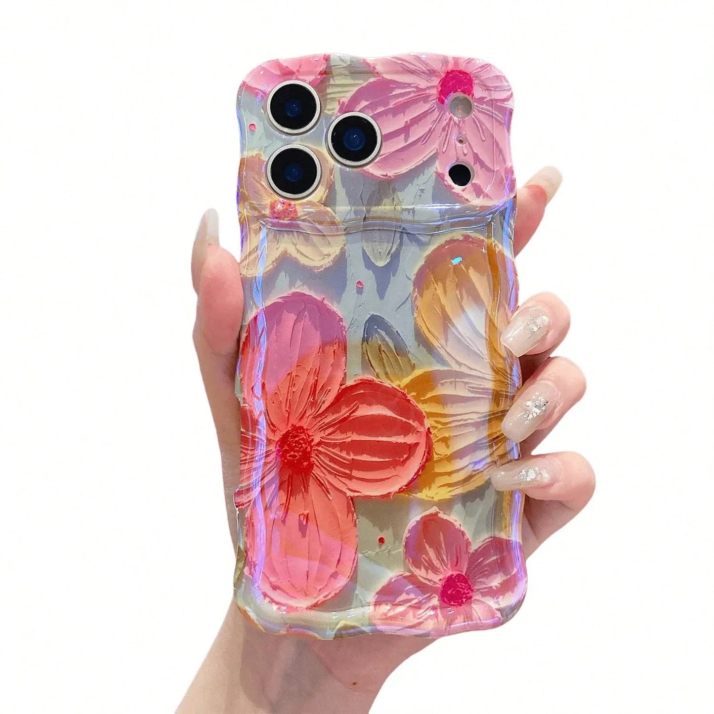 ISEMENA Laser Colorful Retro Oil Painting Flower Pattern 17 Pro/17 16 15 14 13 Pro Cute Curly Wave Frame Exquisite Phone Girls Women, Shockproof TPU Protective Phone Cover SummerVibes