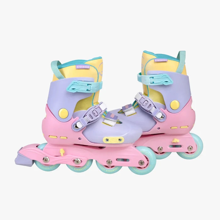 Pastel-colored inline skates on a white background