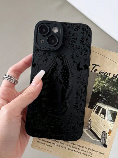 Jesus 1pc Minimalist Rose Virgin Mary Pattern Black Cat Eye Full Coverage IPhone Case Compatible With IPhone 17, 17 Pro, 17 Pro Max, 17 Air,11, 11 Pro, 11 Pro Max, 12, 12 Pro, 12 Pro Max, 13, 13 Pro