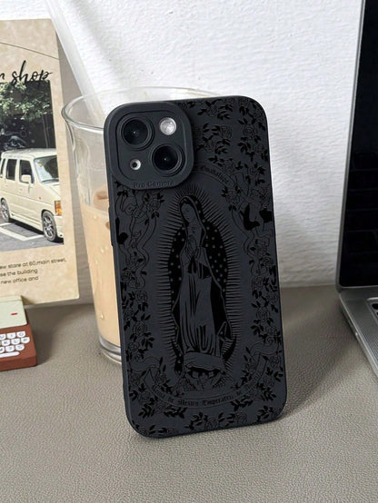 Jesus 1pc Minimalist Rose Virgin Mary Pattern Black Cat Eye Full Coverage IPhone Case Compatible With IPhone 17, 17 Pro, 17 Pro Max, 17 Air,11, 11 Pro, 11 Pro Max, 12, 12 Pro, 12 Pro Max, 13, 13 Pro