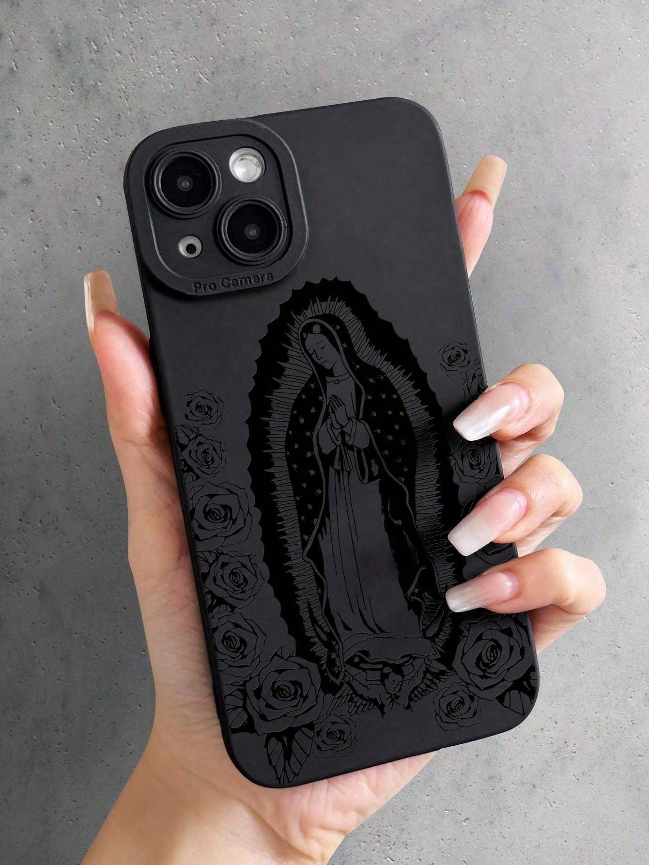 Jesus 1pc Minimalist Rose Virgin Mary Pattern Black Cat Eye Full Coverage IPhone Case Compatible With IPhone 17, 17 Pro, 17 Pro Max, 17 Air,11, 11 Pro, 11 Pro Max, 12, 12 Pro, 12 Pro Max, 13, 13 Pro