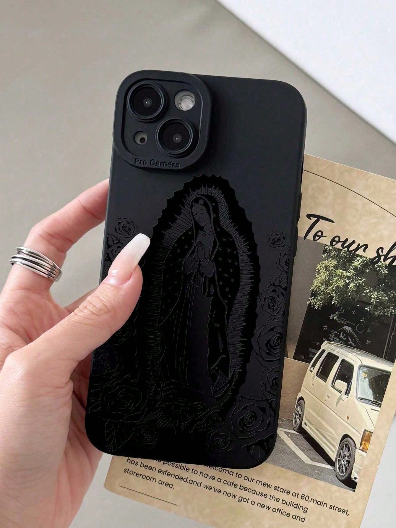 Jesus 1pc Minimalist Rose Virgin Mary Pattern Black Cat Eye Full Coverage IPhone Case Compatible With IPhone 17, 17 Pro, 17 Pro Max, 17 Air,11, 11 Pro, 11 Pro Max, 12, 12 Pro, 12 Pro Max, 13, 13 Pro