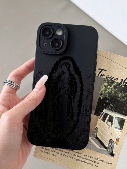 Jesus 1pc Minimalist Rose Virgin Mary Pattern Black Cat Eye Full Coverage IPhone Case Compatible With IPhone 17, 17 Pro, 17 Pro Max, 17 Air,11, 11 Pro, 11 Pro Max, 12, 12 Pro, 12 Pro Max, 13, 13 Pro