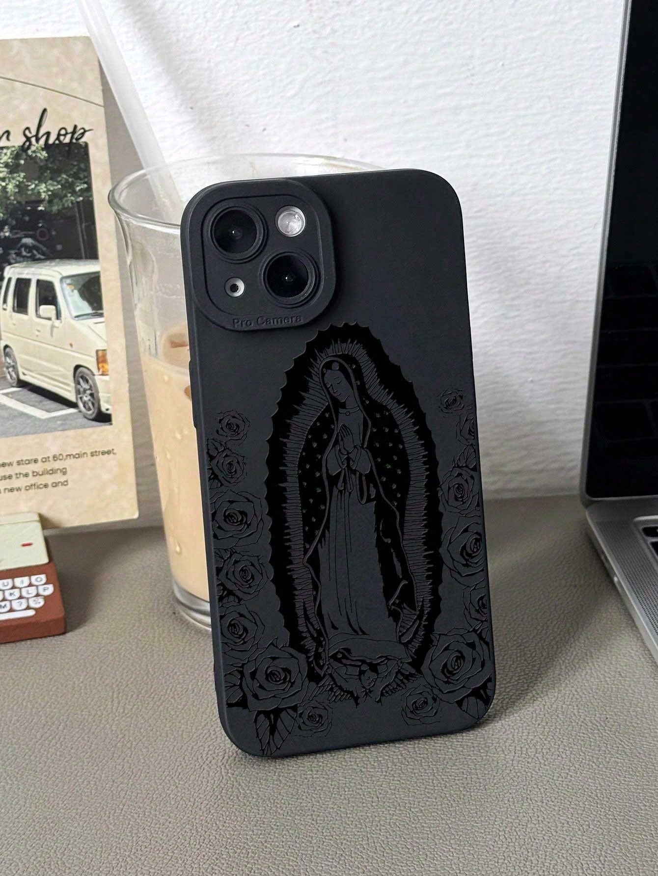 Jesus 1pc Minimalist Rose Virgin Mary Pattern Black Cat Eye Full Coverage IPhone Case Compatible With IPhone 17, 17 Pro, 17 Pro Max, 17 Air,11, 11 Pro, 11 Pro Max, 12, 12 Pro, 12 Pro Max, 13, 13 Pro