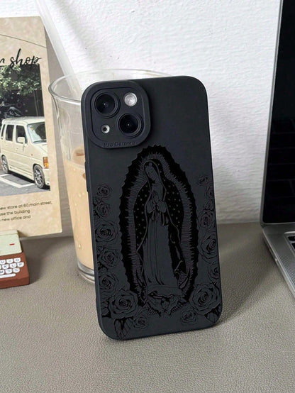 Jesus 1pc Minimalist Rose Virgin Mary Pattern Black Cat Eye Full Coverage IPhone Case Compatible With IPhone 17, 17 Pro, 17 Pro Max, 17 Air,11, 11 Pro, 11 Pro Max, 12, 12 Pro, 12 Pro Max, 13, 13 Pro
