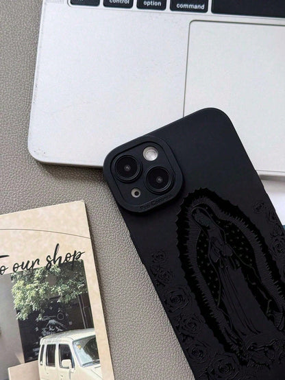 Jesus 1pc Minimalist Rose Virgin Mary Pattern Black Cat Eye Full Coverage IPhone Case Compatible With IPhone 17, 17 Pro, 17 Pro Max, 17 Air,11, 11 Pro, 11 Pro Max, 12, 12 Pro, 12 Pro Max, 13, 13 Pro