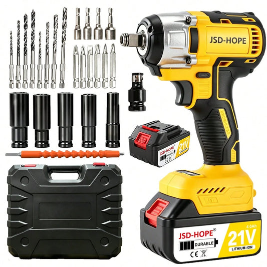 JSD-HOPE 21V Brushless Lithium Impact Wrench Kit, Large Capacity Battery, 1000Nm Max Torque, 3300RPM, 1/2" Chuck, Variable Speed With Built-In LED Light, Power Tool For Auto Repair, Home Renovation &