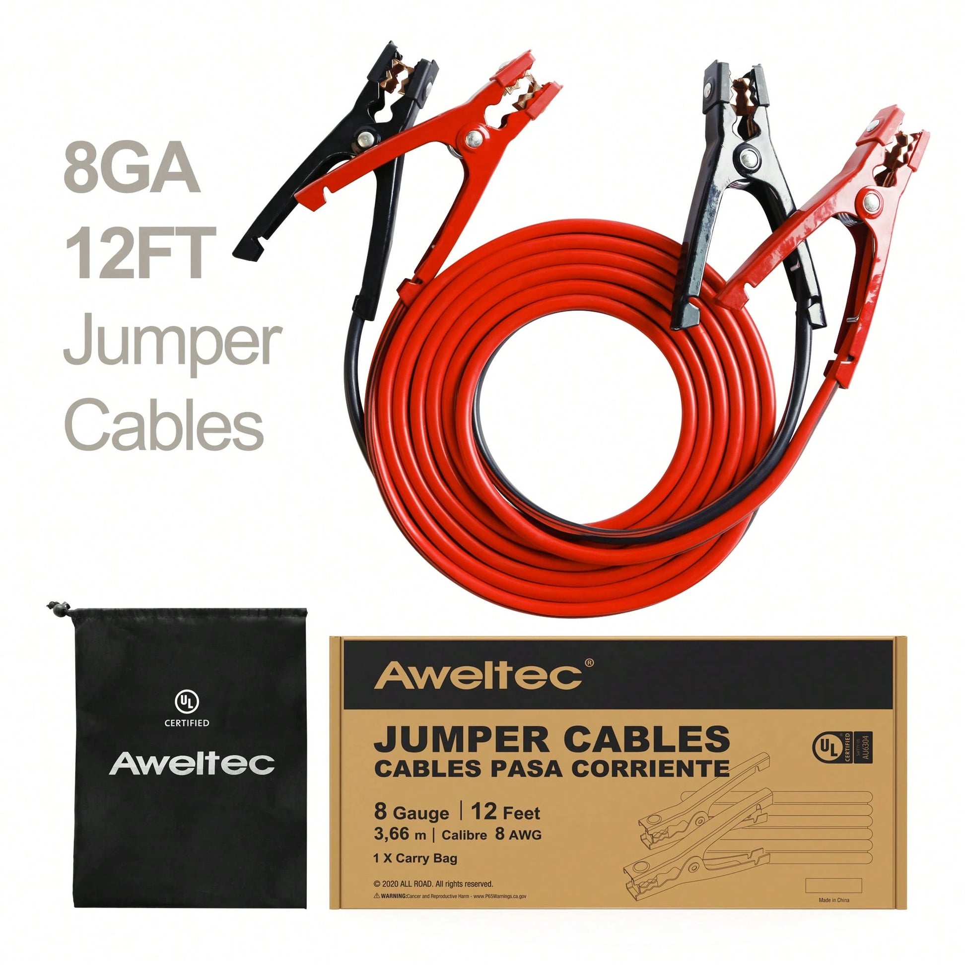 Jumper Cables For Car, UL-Listed 8 Gauge 12 Feet Heavy Duty Booster Cables With Carry Bag (8AWG X 12Ft)