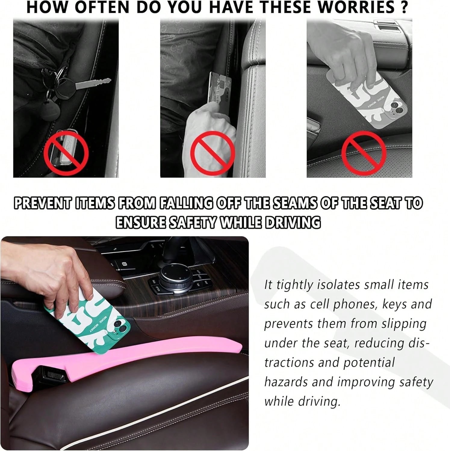 Junecarp Car Seat Gap Filler 2 Pack,Car Gap Filler Organizer To Impede Items From Dropping,Essential Interior Car Accessories Seat Gap Plug (Pink)