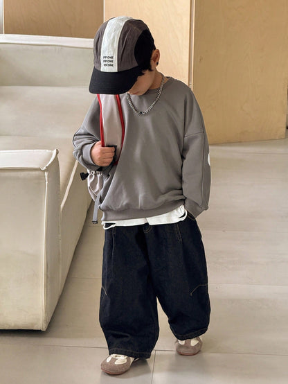 Kids 1pc Young Boys Letter Graphic Thick Autumn Sweatshirt,College Style Loose Fit Winter 80s Day Back-To-School Fashion Comfortable Casual Pullover