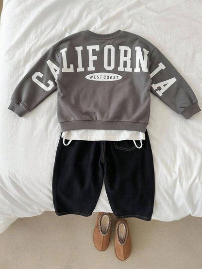 Kids 1pc Young Boys Letter Graphic Thick Autumn Sweatshirt,College Style Loose Fit Winter 80s Day Back-To-School Fashion Comfortable Casual Pullover